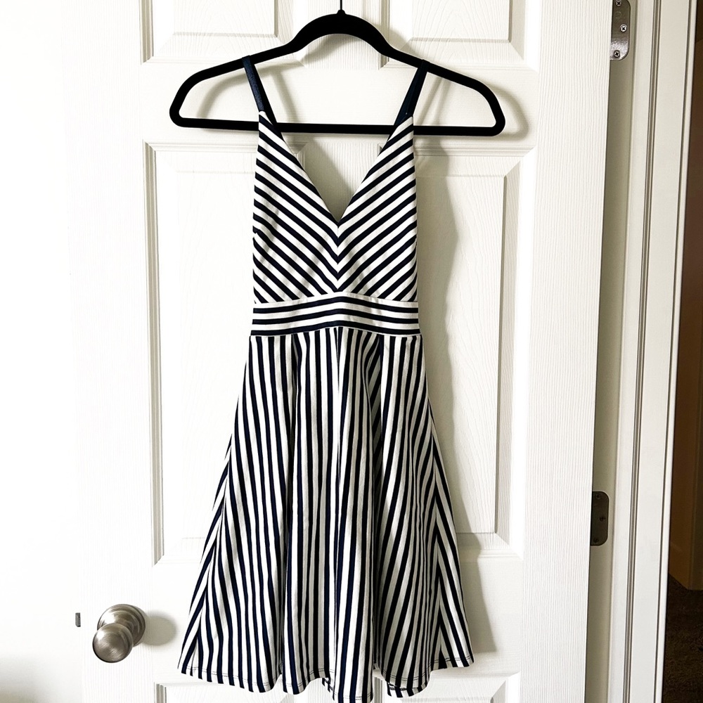 EUC Cross Back Navy & White Striped Dress
